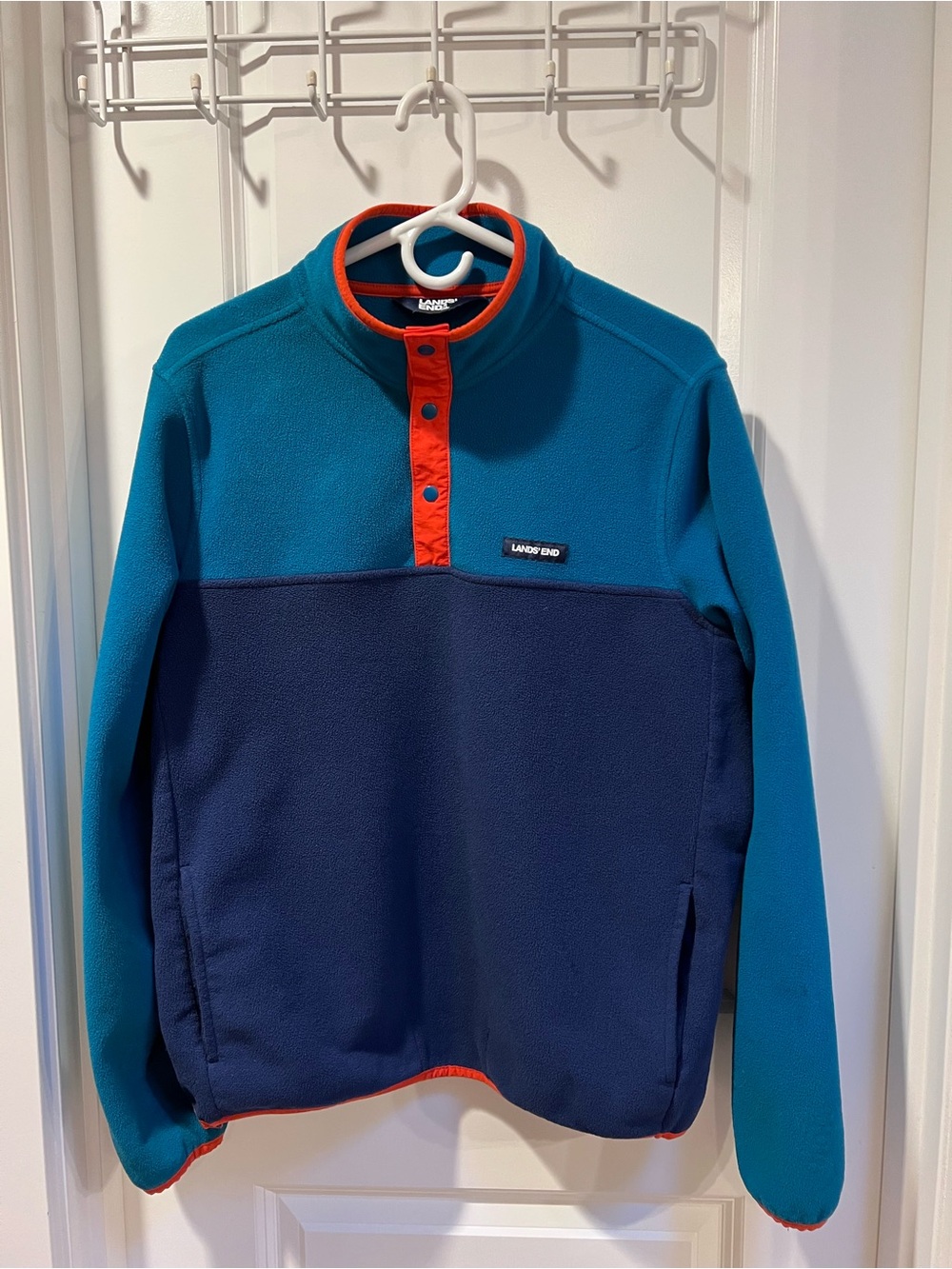 Lands’ End Teal Colorblock Fleece Pullover with Snaps, Pockets Men’s Medium - Picture 3 of 7